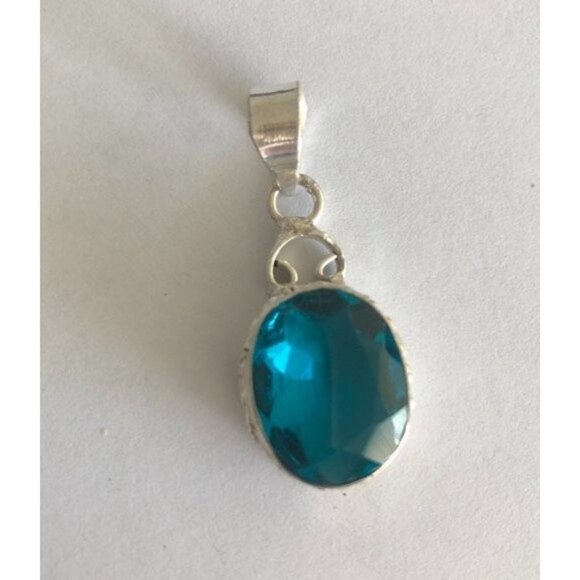 Sterling Silver Pendant Faceted Fx Blue Topaz Quartz Glass - Picture 9 of 13